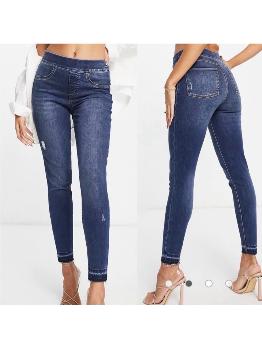 SPANX Distressed Ankle High Rise Skinny Jeans: Medium Wash